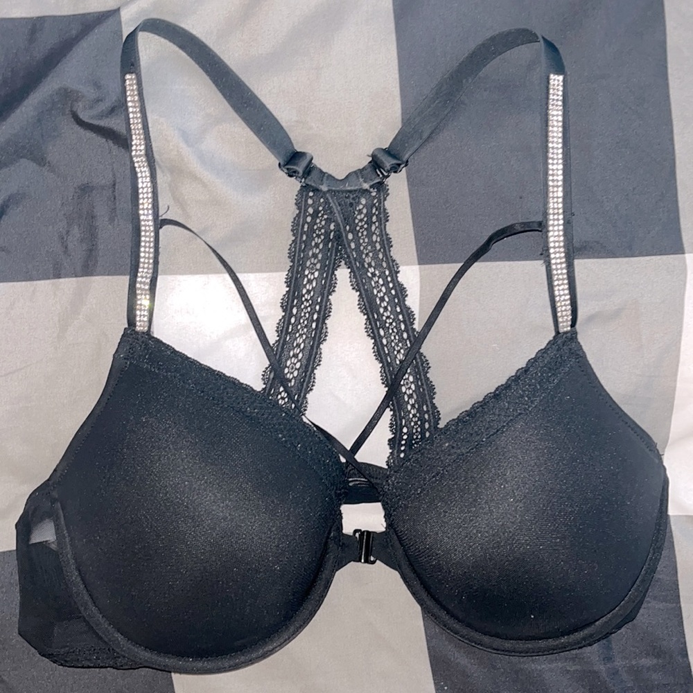 All black bra with lace, cross back.And diamonds